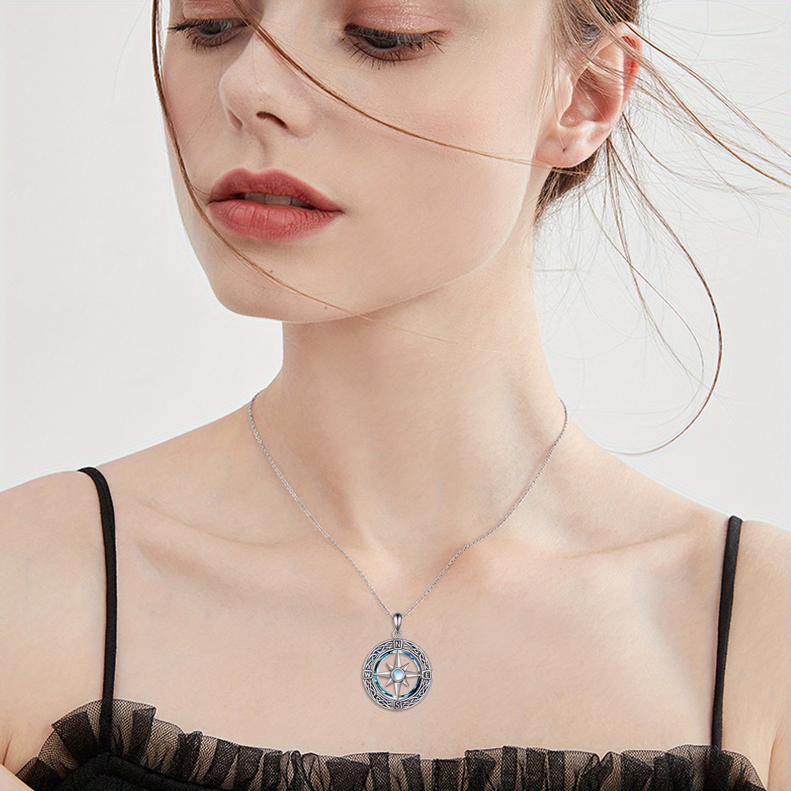 Women's 925 Sterling Silver Celtic Knot Compass Necklace with Blue Gemstone